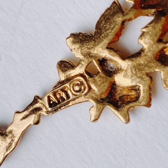 VTG 1950s Signed ART Floral Gold Tone Necklace Faux Pearl Mid Century Jewelry - Picture 7 of 10